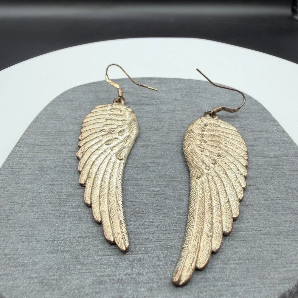 Gold Tone Angel Wing Feather Long Dangle Drop Earrings Boho Statement Jewelry